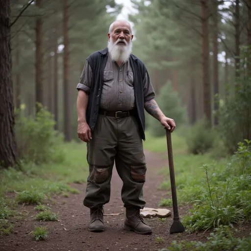 Prompt: An old person dressed like a homeless in a european forest. The trousers have some holes. He is standing and talking with the viewer and he is holding a small chisel. He does not look friendly.