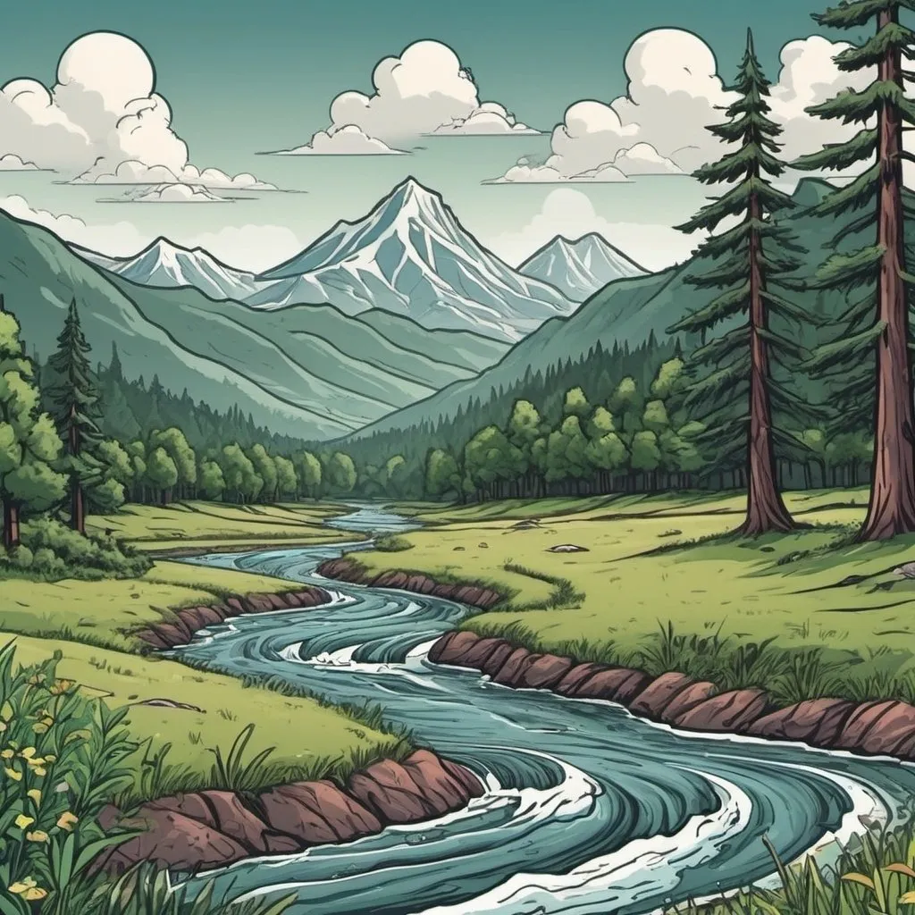 Prompt: Create an image of a terrestrial landscape (meadow, forest, and mountains in the background) with a river with strong currents splitting the landscape in two.
Use a comic style.