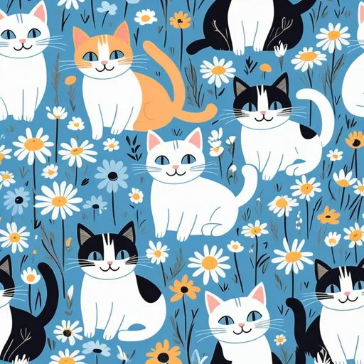 Prompt:  hand-drawn illustration of smiling (white, black, calico) cats,  not ai looking cats, but cartoon cats. for child design, jumping and lying down in a vibrant field of pastel blue wildflowers,whimsical charm, delightful serene atmosphere, ideal for woven blanket design,