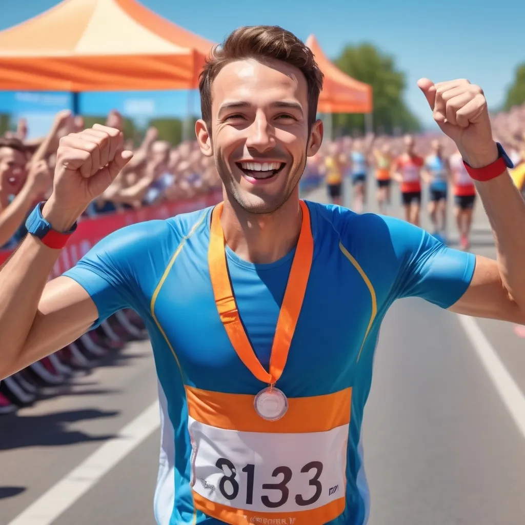 Prompt: A happy man finishing a running road race 