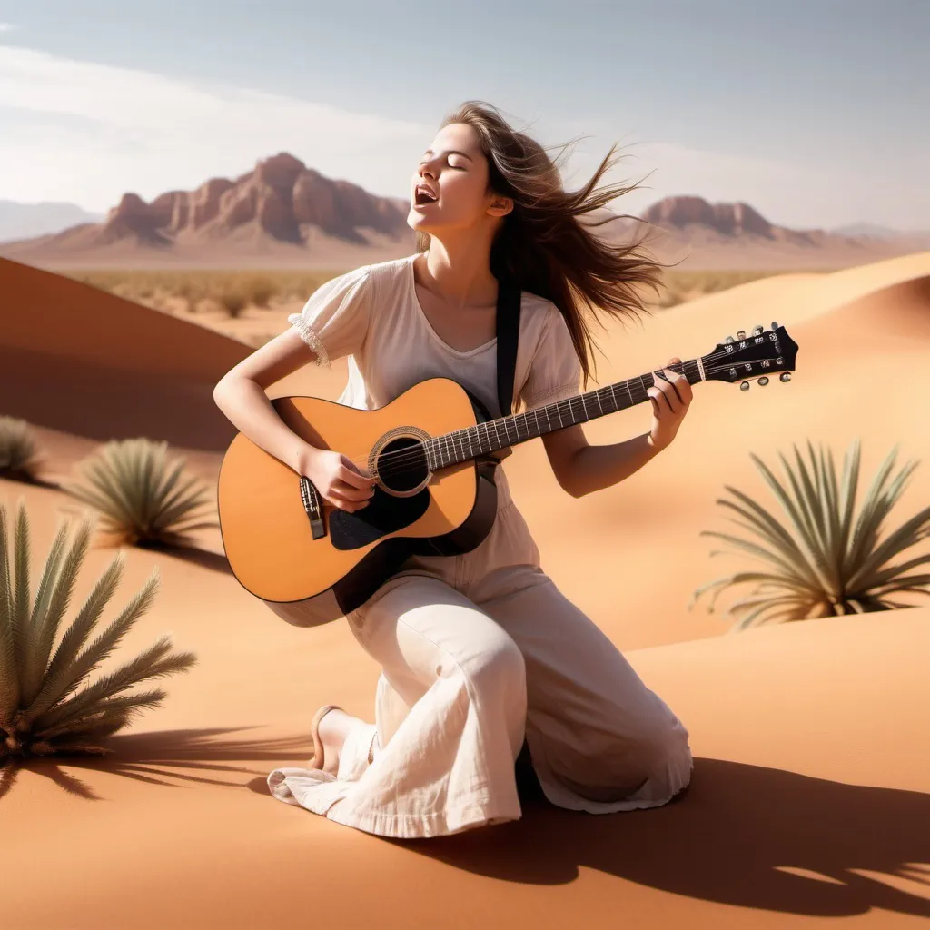 Prompt: Create the image of a girl playing the guitar and singing in a desert background