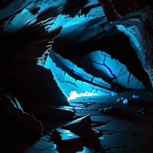 Prompt: cracked stone in pitch black cave with vibrant neon blue glow shining through the cracks
