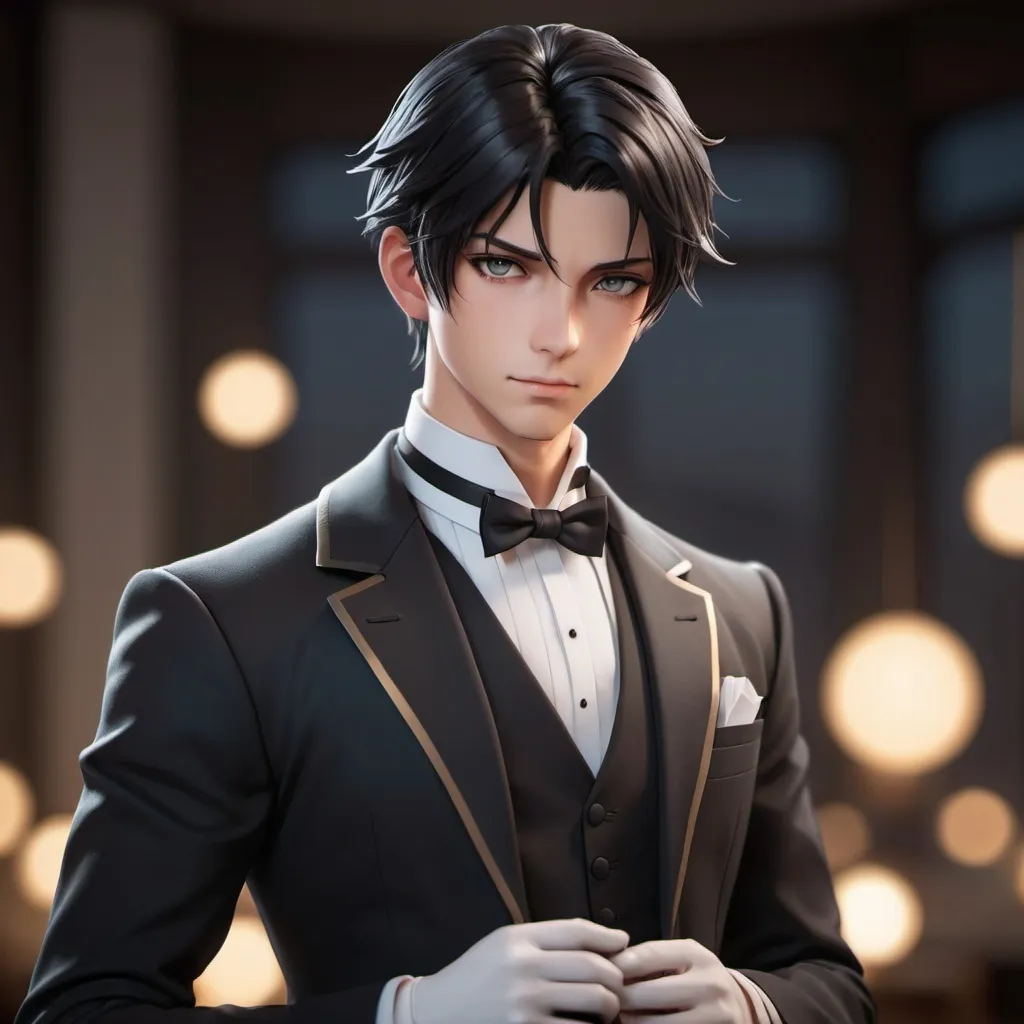 Prompt: "dark-haired butler bokeh, studio lighting, canon lens, shot on dslr, 64 megapixels, sharp focus By artist "anime", 3d anime art, inspired by WLOP, Artstation, #genshinimpact pixiv, extremely detailed, aesthetic, concept art, ultrafine detail, breathtaking, 8k resolution, vray tracing"