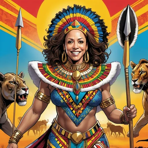 Prompt: Good! I want to see Kamala Harris as an Nandi, Queen of the Zulu Kingdom, inthe style of Marvel comics!
