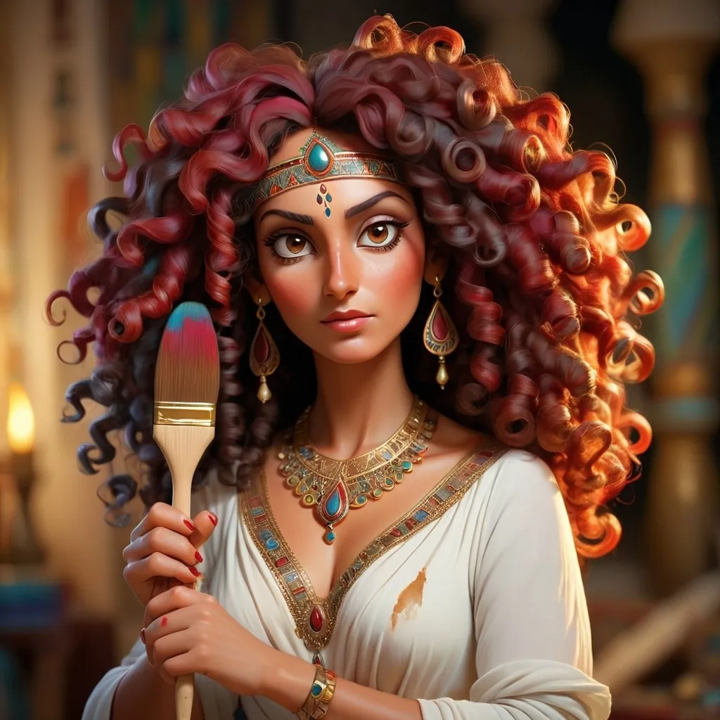 Prompt: A woman in her forties, stained with colors because she is an artist, holding a paintbrush, her hair is dark red, very curly and long, she is wearing an elegant white dress, there is soft lighting on the side of her face, she is wearing a pharaonic necklace, she is plump and her beauty is Arab with gray eyes