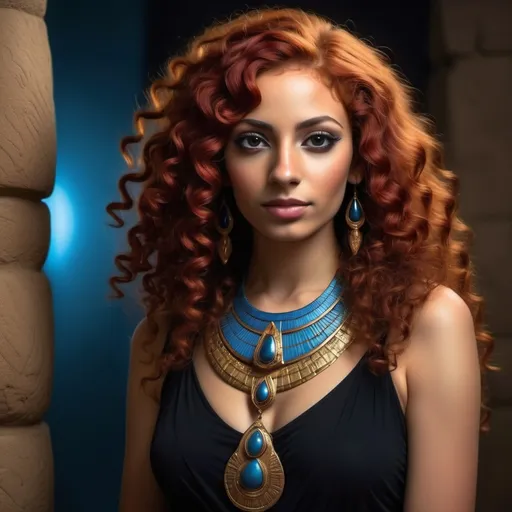 Prompt: An Egyptian lady with pharaonic beauty, very curly red hair, dark red color, wearing a black dress, standing next to dim lighting, wearing a blue pharaonic necklace