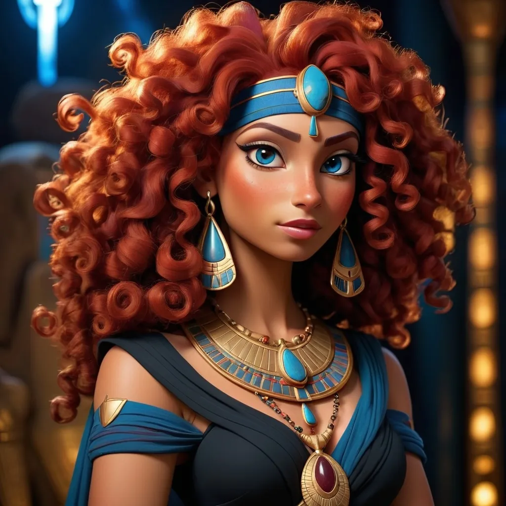 Prompt: An Egyptian lady with pharaonic beauty, very curly red hair, dark red color, wearing a black dress, standing next to dim lighting, wearing a blue pharaonic necklace Disneystyle