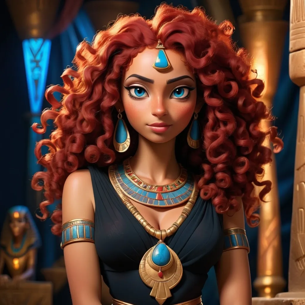 Prompt: An Egyptian lady with pharaonic beauty, very curly red hair, dark red color, wearing a black dress, standing next to dim lighting, wearing a blue pharaonic necklace Disneystyle