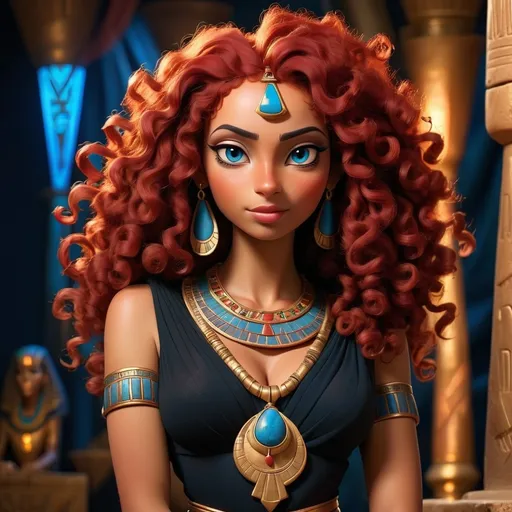 Prompt: An Egyptian lady with pharaonic beauty, very curly red hair, dark red color, wearing a black dress, standing next to dim lighting, wearing a blue pharaonic necklace Disneystyle