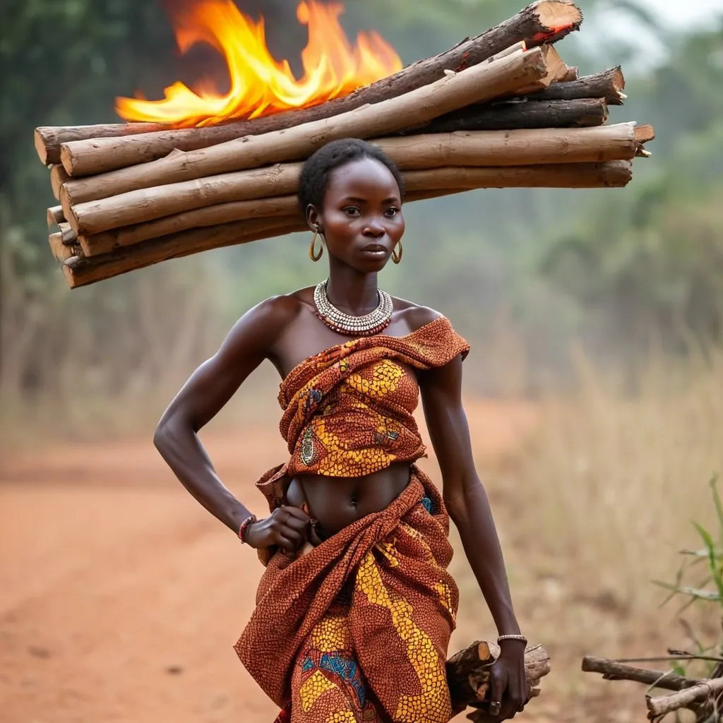 Prompt: African lady carrying fire wood 