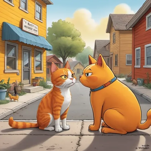 Prompt: Cartoon< In a peaceful little town < two best friends named Whiskers the orange cat and Tweet the yellow bird afraid < faced a brown bully dog in the background