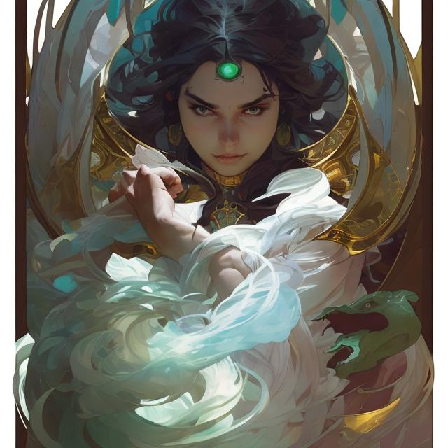 Prompt:  easteren, illustration,sharp,focused, jade, face, dao, flowing, art by artgerm and greg rutkowski and alphonse mucha