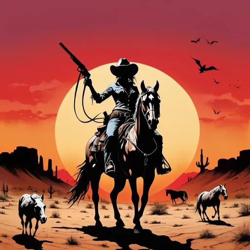 Prompt: (Banksy style street art), (full-body silhouette), Gothic cowgirl, lasso in hand, glowing red pentagram on forehead, two revolvers on belt, horse skulls scattered on desert ground, vibrant (sundown colors), intricate (ink style), satirical elements, high-detailed, (stencil art), dramatic atmosphere, contrasting shadows, unique visual narrative, evoking curiosity and humor.