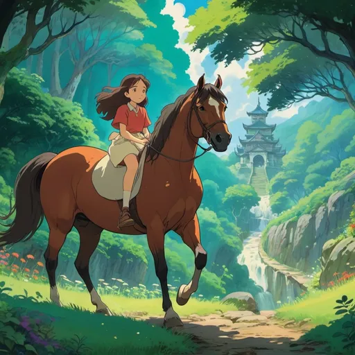 Prompt: (2D Studio Ghibli dynamic scene with a horse, whimsical atmosphere, lush green backgrounds, detailed character design with expressive features, vibrant colors, soft lighting, adventurous mood, flowing hair, beautifully illustrated background elements, enchanting nature scenery, nostalgic feel, HD, lively energy.