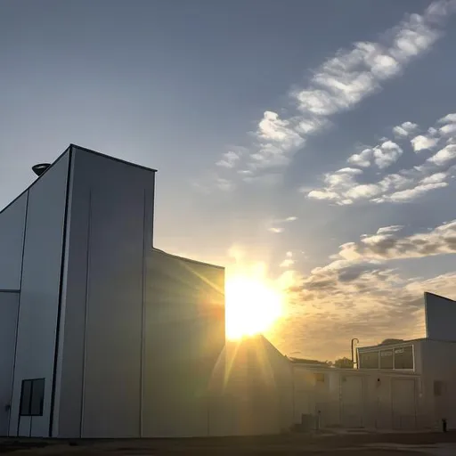 Prompt: openai-hiab enviromental plant medicine growing facility from the side looking up at the building entrance with sun set in the back ground multicloured sun beams creating the silouette