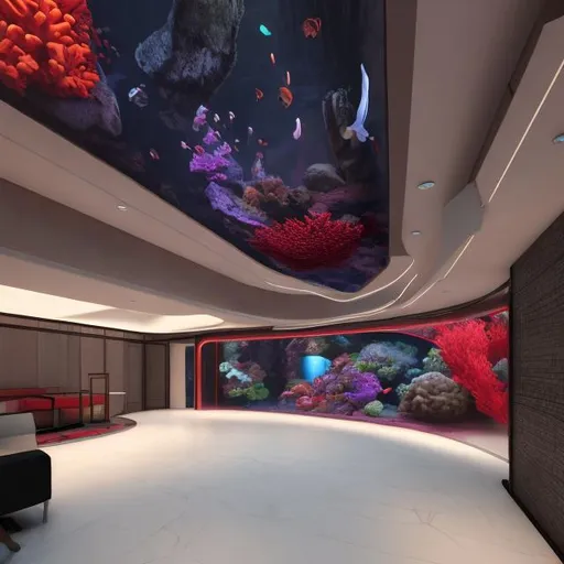 Prompt: inside long passage leading to opperating theatres with large indoor fish tank behind the welcome desk, colour scheme should be red bottom black border line and red top, including all seating and ambient lighting 