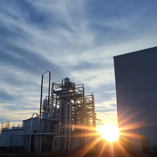 Prompt: openai-hiab enviromental plant medicine growing facility from the side looking up at the building entrance with sun set in the back ground multicloured sun beams creating the silouette