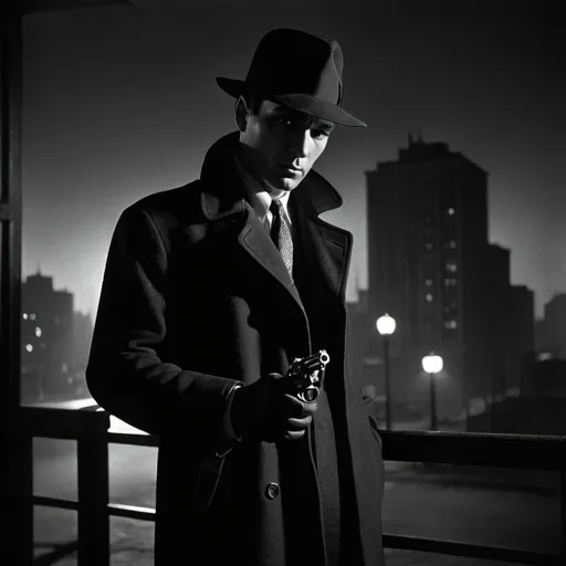 Prompt: dim, night film noir photography, Detective, 1950s, holding revolver, city background, black coat and hat, shadows