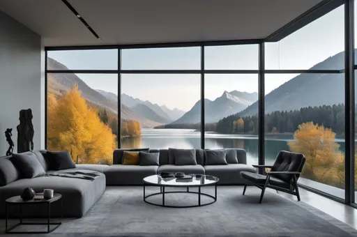 Prompt: a landscape in the afternoon with mountain, lake and trees that is seen from a room with glass walls. inside the room is a living area with sofas and tables. theme of color is grey similar to batman  darker