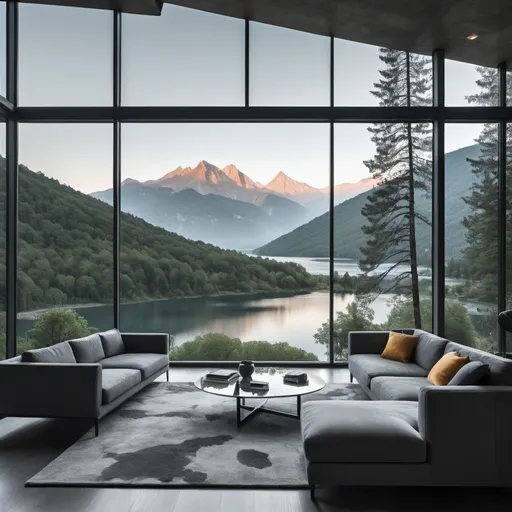 Prompt: a landscape in the afternoon with mountain, lake and trees that is seen from a room with glass walls. inside the room is a living area with sofas and tables. theme of color is grey similar to batman  darker