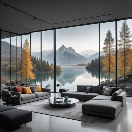 Prompt: a landscape in the afternoon with mountain, lake and trees that is seen from a room with glass walls. inside the room is a living area with sofas and tables. theme of color is grey similar to batman  darker