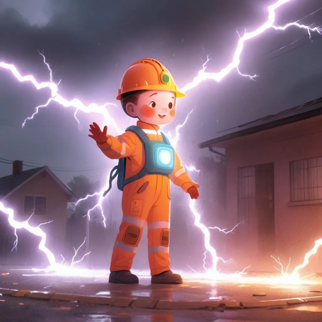 Prompt: one electrified human without safety gear and lightning coming out of vs a human unelectrified with safety gear