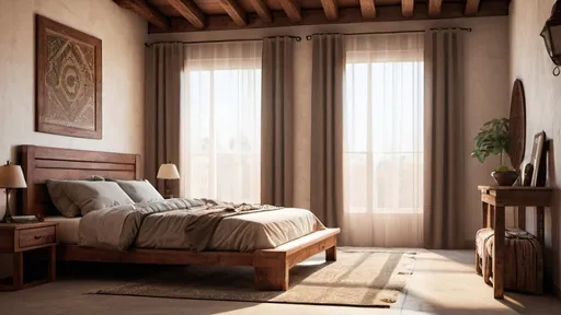 Prompt: a bed with a wooden headboard and a bench in a room with a window and curtains on the wall, david pompa lighting and mexican architecture, photorealism, vray render, a digital rendering