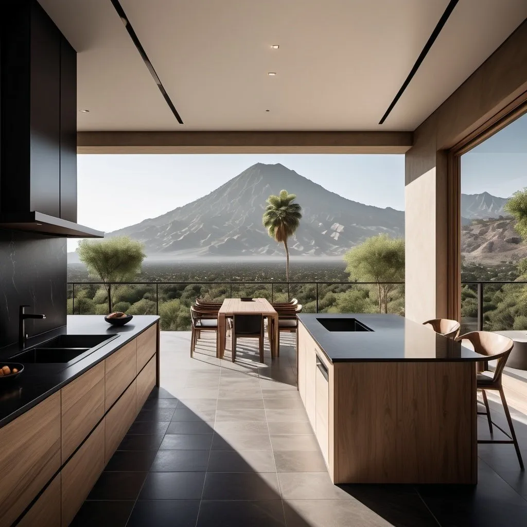 Prompt: a linear kitchen with a large coutertop of black mate granite include an isle, oak cabinet doors and a dinning room with 8 chairs beside a large window with courtains that let light through, symetric large black floor tiles and sandy color walls and cealing overlooking a mountain range that has trees all over it and a balcony with a view, mexican architecture movement, unreal engine highly rendered, a digital rendering