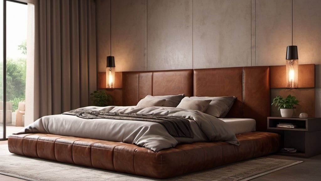 Prompt: a bed with a leather headboard and a bench in a room with a window and curtains on the wall, david pompa lighting and mexican architecture, photorealism, vray render, a digital rendering