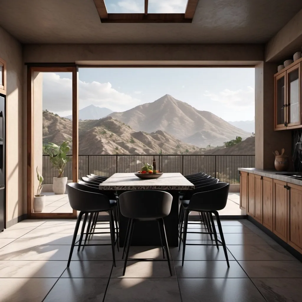 Prompt: a kitchen with a large coutertop of granite and a dinning room with 8 chairs beside a large window, grey / black floor tiles and sandy color walls overlooking a mountain range and a balcony with a view, mexican architecture movement, unreal engine highly rendered, a digital rendering