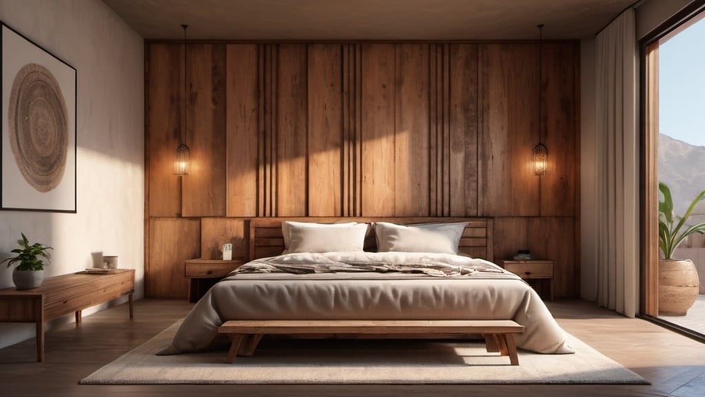 Prompt: a bed with a wooden headboard and a bench in a room with a window and curtains on the wall, david pompa lighting and mexican architecture, photorealism, vray render, a digital rendering