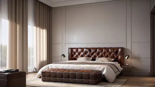 Prompt: a bed with a leather headboard and a bench in a room with a window and curtains on the wall, Enguerrand Quarton, photorealism, vray render, a digital rendering