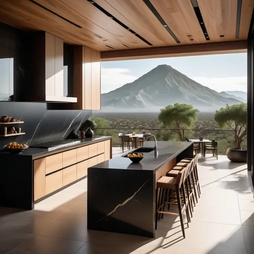 Prompt: a linear kitchen with a large coutertop of black mate granite include an isle, oak cabinet doors and a dinning room with 8 chairs beside a large window with courtains that let light through, symetric large black floor tiles and sandy color walls and cealing overlooking a mountain range that has trees all over it and a balcony with a view, mexican architecture movement, unreal engine highly rendered, a digital rendering