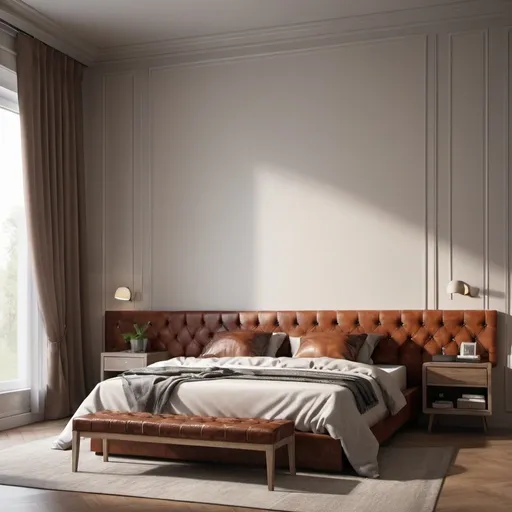Prompt: a bed with a leather headboard and a bench in a room with a window and curtains on the wall, Enguerrand Quarton, photorealism, vray render, a digital rendering