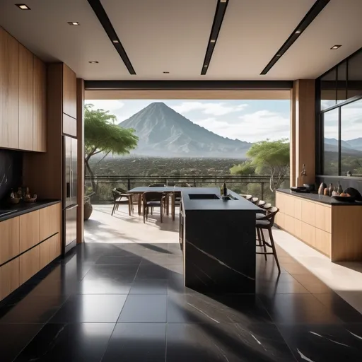 Prompt: a linear kitchen with a large coutertop of black mate granite include an isle, oak cabinet doors and a dinning room with 8 chairs beside a large window with courtains that let light through, symetric large black floor tiles and sandy color walls and cealing overlooking a mountain range that has trees all over it and a balcony with a view, mexican architecture movement, unreal engine highly rendered, a digital rendering