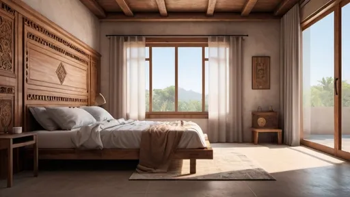 Prompt: a bed with a wooden headboard and a bench in a room with a window and curtains on the wall, david pompa lighting and mexican architecture, photorealism, vray render, a digital rendering