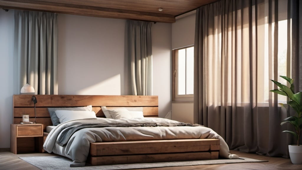 Prompt: a modern room wich contains a bed with a wooden headboard and a bench in a room with a window and curtain, Enguerrand Quarton, photorealism, vray render, a digital rendering