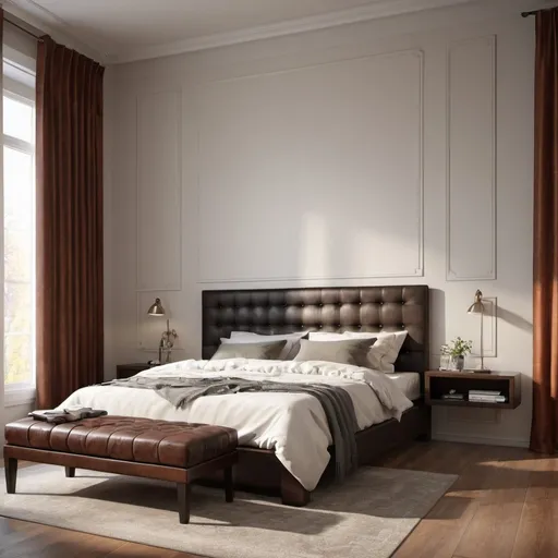 Prompt: a bed with a leather headboard and a bench in a room with a window and curtains on the wall, Enguerrand Quarton, photorealism, vray render, a digital rendering