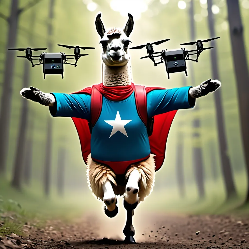 Prompt: llama dressed like a superhero flying with a couple of drones. The drones are carring a bag of seeds in the woods matrix style