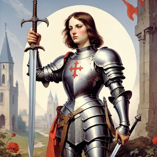 Prompt: (vintage fantasy art) saint joan of arc, wearing armor, holding sword in one hand and pointing with the other (retro)