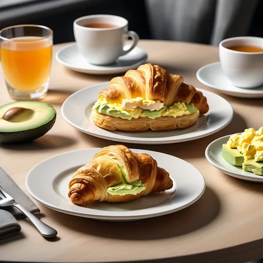 Prompt: a plate with a croissant filled with a layer of cream cheese, slices of avocado and scrambled eggs on top on a nice plate , and a cup of tea on a table with some croissant in the background, Cor Melchers, superflat, professional food photography, a digital rendering, 1:1