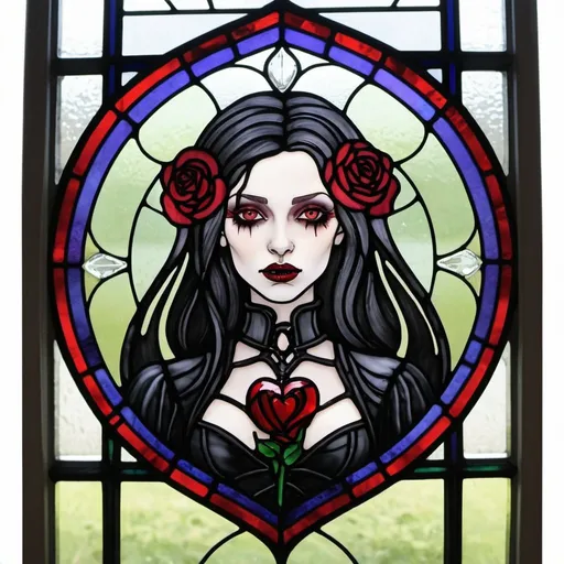 Prompt: GOTH VAMPIRE STAINED GLASS WOMAN ROSE HEART