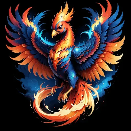 Prompt: (A vibrant and mystical phoenix) soaring amidst a dramatic sky, vivid shades of orange and red furiously blend into a deep blue backdrop, (ephemeral flames) dancing around its majestic wings. The phoenix, clutching stylish headphones in its beak, creates a stark contrast to the cosmic atmosphere. Exceptional detail illuminated by ethereal lighting, evoking a sense of freedom and energy, poised in a breathtaking flight—(ultra-detailed, HD).