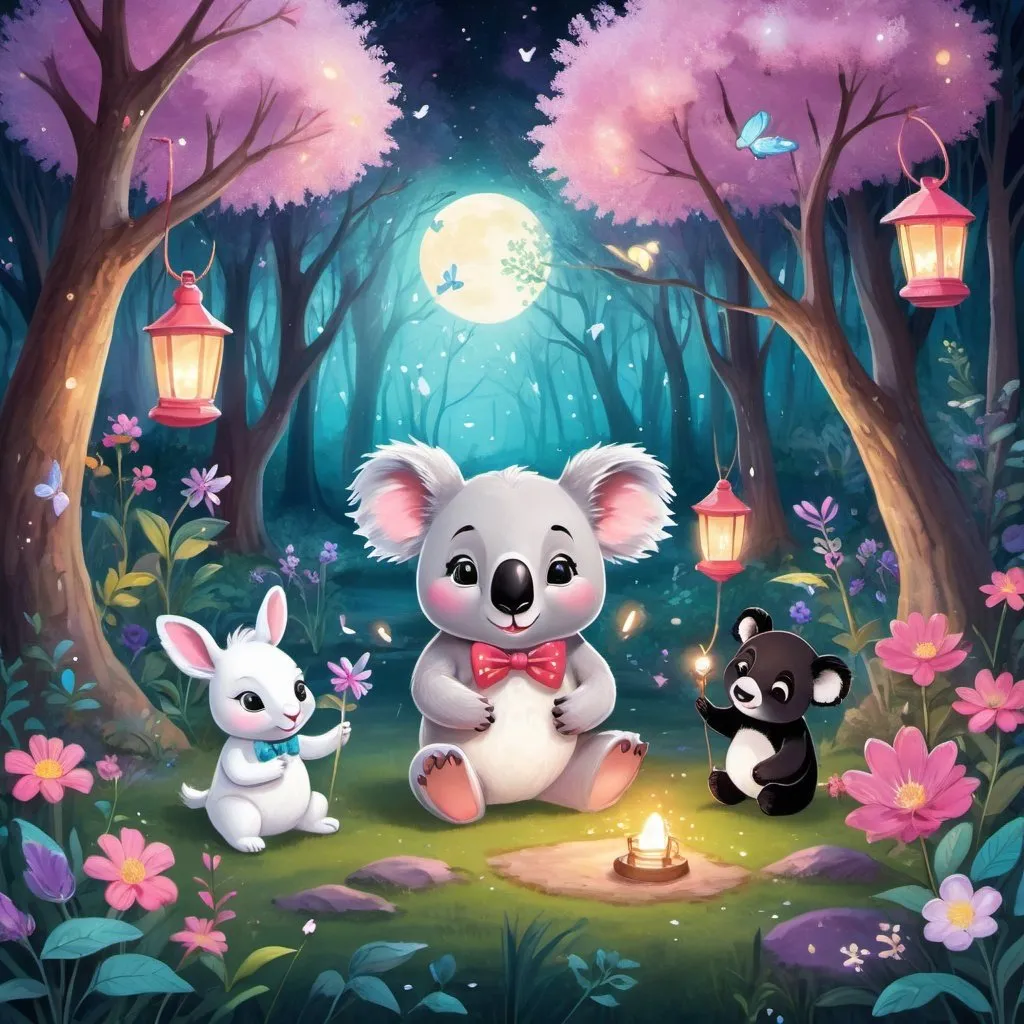 Prompt: "A magical forest under the bright moonlight, glowing with shades of pink, purple, and blue. In the heart of the forest, there is a clear, sparkling stream surrounded by flowering trees. A group of friendly, cartoon-style creatures, including a unicorn with shimmering wings, a fluffy white rabbit wearing a crown of flowers, a cheerful panda with a red bow tie, and a cuddly koala holding a lantern, are having a picnic. They are surrounded by twinkling fireflies and colorful, mystical flowers. The atmosphere is joyful and inviting, designed to spark wonder and imagination in children."