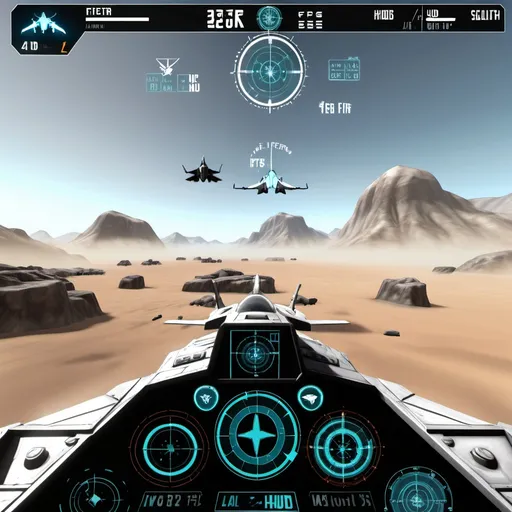 Prompt: fps game with HUD user interface, jet fighter,UI hud