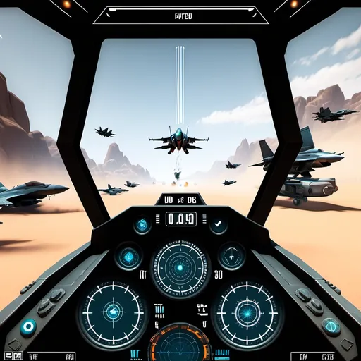 Prompt: fps game with HUD user interface, jet fighter,UI hud