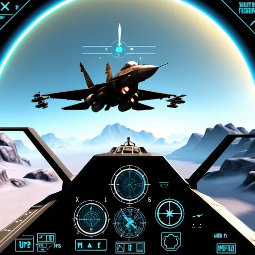 Prompt: fps game with HUD user interface, jet fighter,UI hud