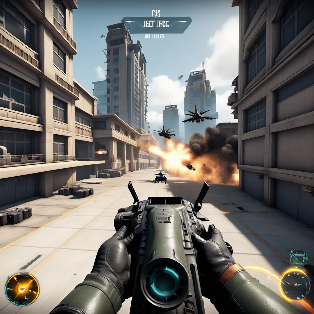 Prompt: fps game with HUD user interface, jet fighter,UI hud, a call and duty in gun in helicopter, buildings,