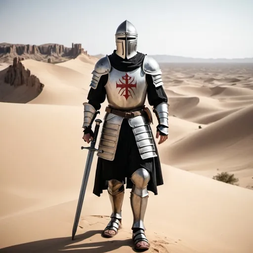Prompt: Guy in crusader armour In a desert 