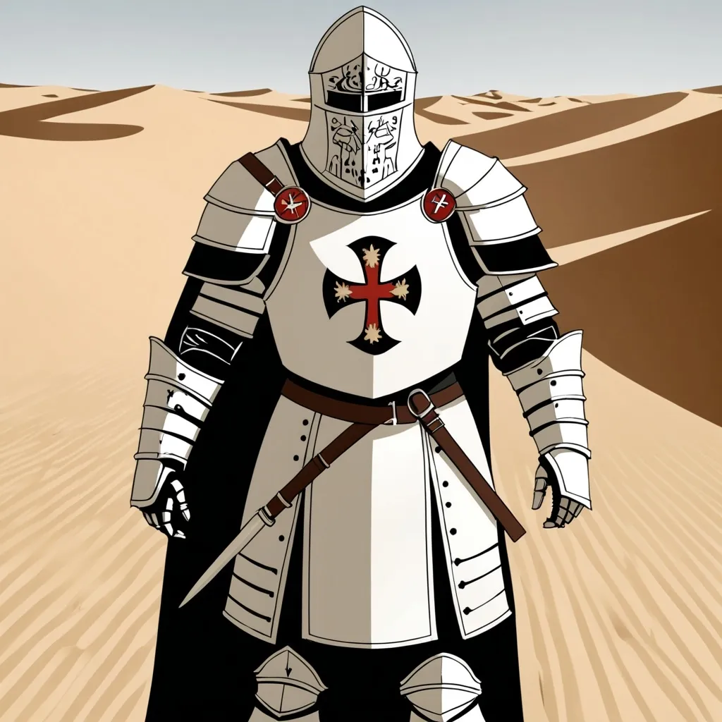 Prompt: Guy in crusader armour that is order of the knight templare in the desert 